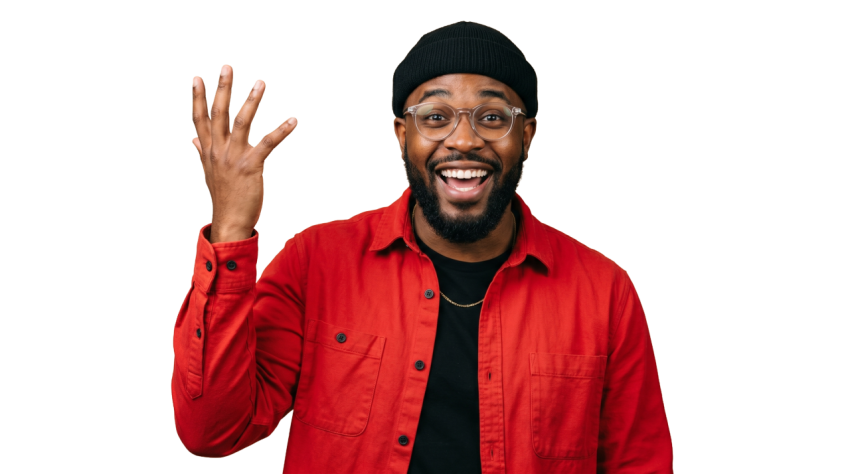 Excited Man Raising Hand – Happy Expression PNG