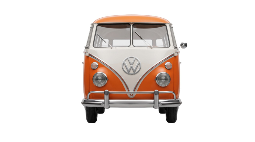 Classic Orange and White Volkswagen Microbus Front View Isolated PNG