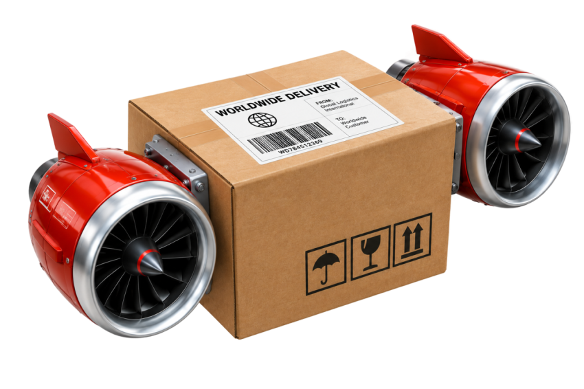 Fast Worldwide Delivery Cardboard Box with Jet Engines PNG