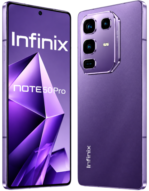 Infinix Note 50 Pro Purple Smartphone Front and Back View Transparent PNG