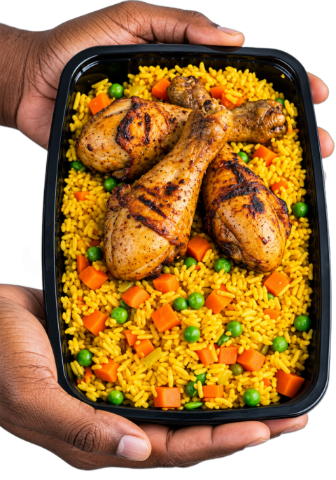 Hands Holding Meal Prep Tray with Fried Rice and Chicken PNG