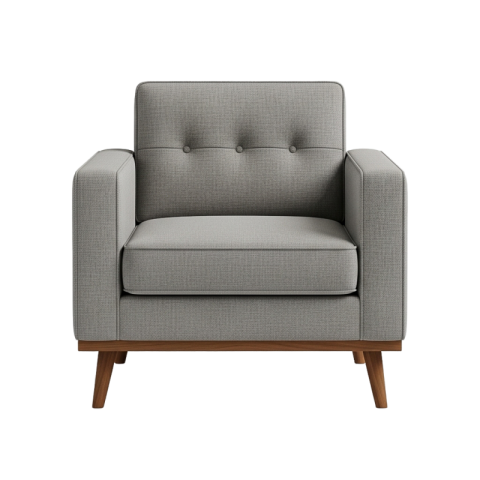 Modern Gray Upholstered Armchair with Wooden Legs Transperent PNG Image