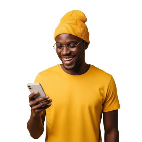 Happy Man in Yellow Beanie Checking Phone
