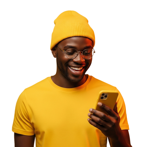 Smiling Man in Yellow Beanie Using Smartphone