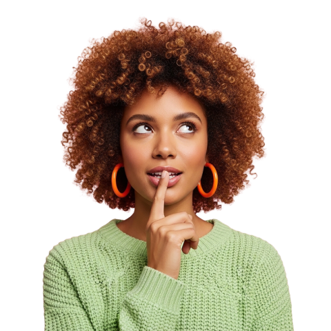 Thoughtful Woman with Finger on Lips PNG