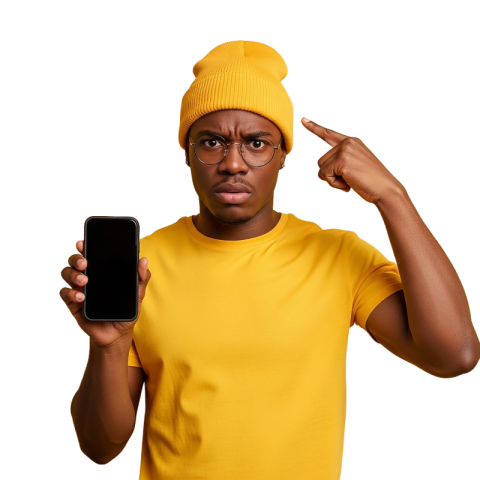 Confused Man Pointing at Head Holding Phone PNG