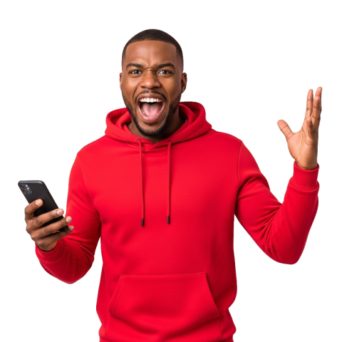 Excited Man Celebrating with Phone PNG Transparent