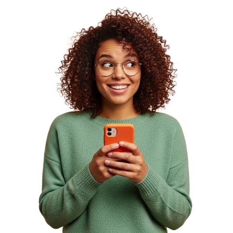 Smiling Woman with Curly Hair Using Smartphone