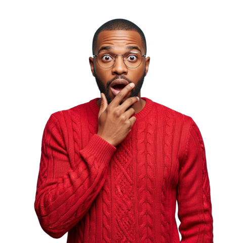 Surprised Man in Red Sweater with Hand on Face