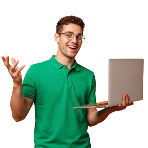 Young Man with Laptop Presenting Idea