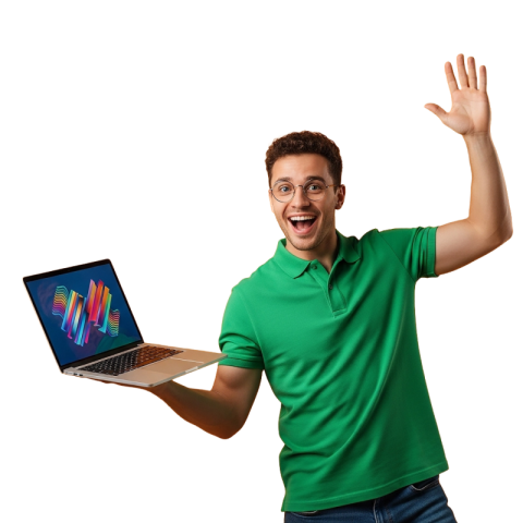 Excited Man in Green Shirt Holding Laptop and Waving