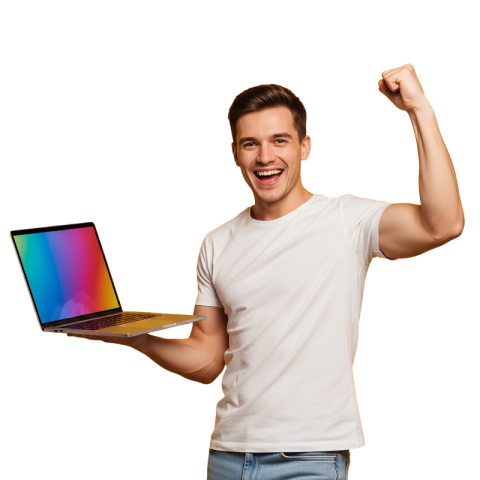 Smiling Man Holding Laptop with Raised Fist