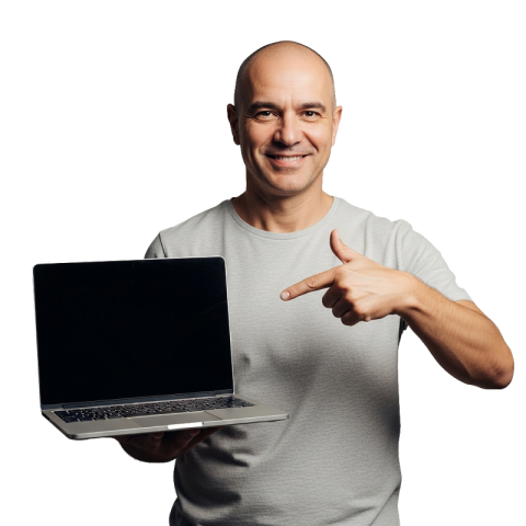 Smiling Man Presenting Laptop Mockup