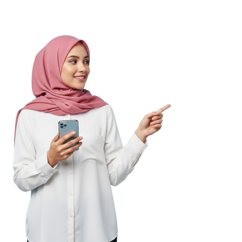 Smiling Woman in Pink Hijab Pointing While Using Smartphone