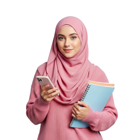 Young Woman in Pink Hijab Holding Notebook and Smartphone