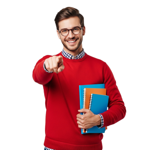 Smiling Man in Red Sweater Pointing Forward with Notebooks