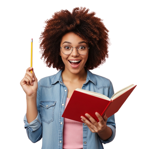 Excited Student Holding Notebook and Pencil