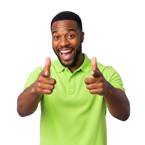 Happy Man Pointing at Camera with Finger Guns