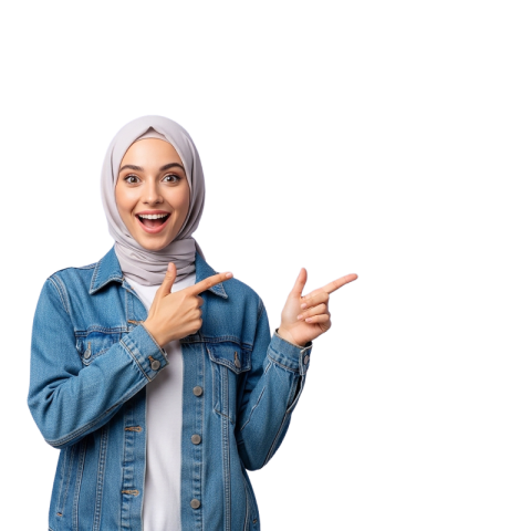 Excited Woman in Hijab Pointing at Copy Space PNG