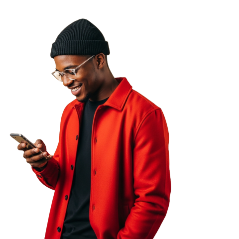 Stylish Man in Red Jacket Using Smartphone