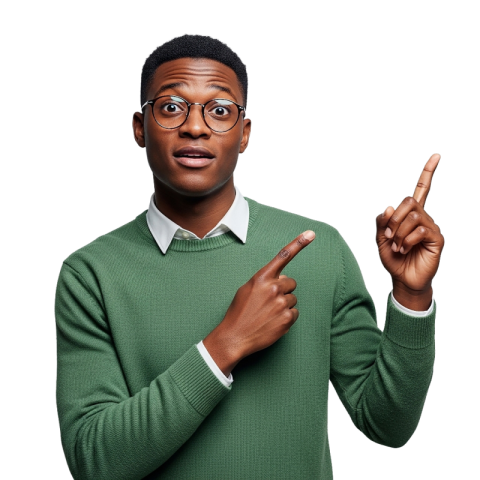 Surprised Man Pointing Up in Green Sweater PNG