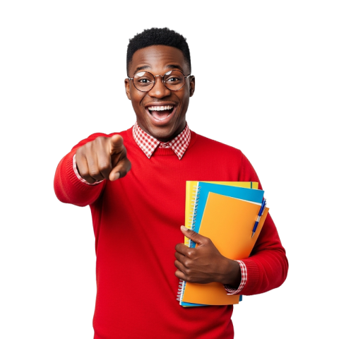 Happy Student Pointing Forward with Notebooks PNG