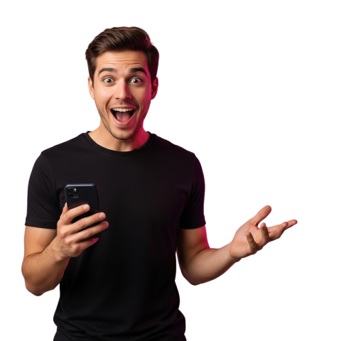 Excited Man Using Smartphone with Open Gesture PNG