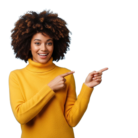 Smiling Woman Pointing Right in Yellow Sweater