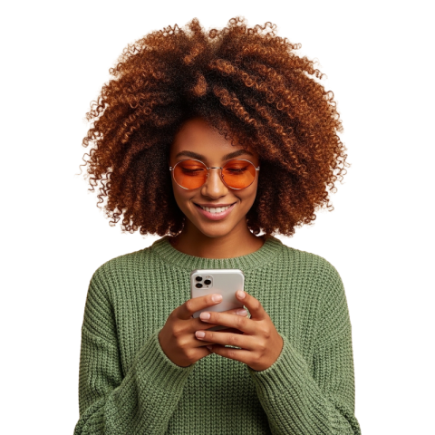 Stylish Woman with Curly Hair Using Smartphone