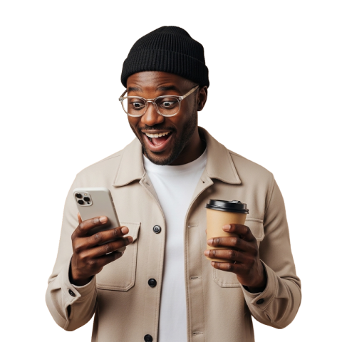 Excited Man Holding Coffee and Smartphone
