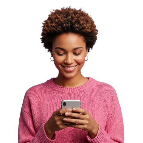 Happy Woman with Short Natural Hair on Phone