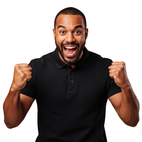 Excited Man Celebrating Success with Fists Raised