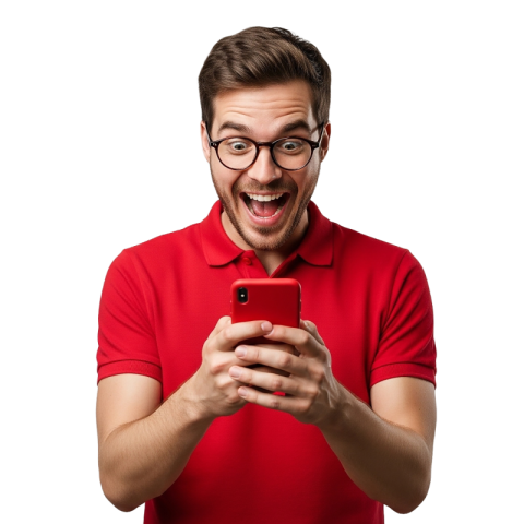 Excited Man Looking at Phone