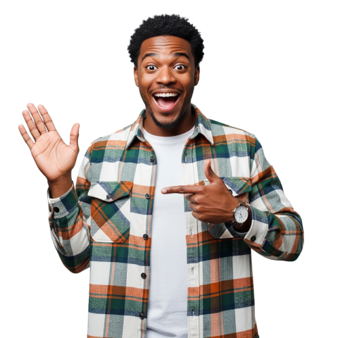 Excited Man Pointing and Waving Isolated on Transparent Background