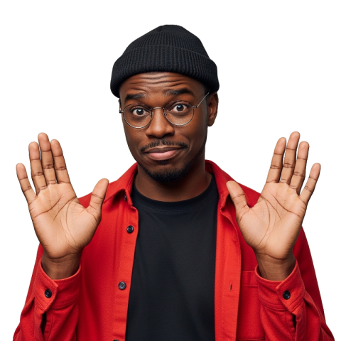 Casual Man Raising Hands in Friendly Gesture