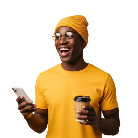 Happy Man with Coffee and Smartphone