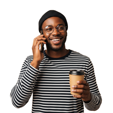 Smiling Man on Phone with Coffee