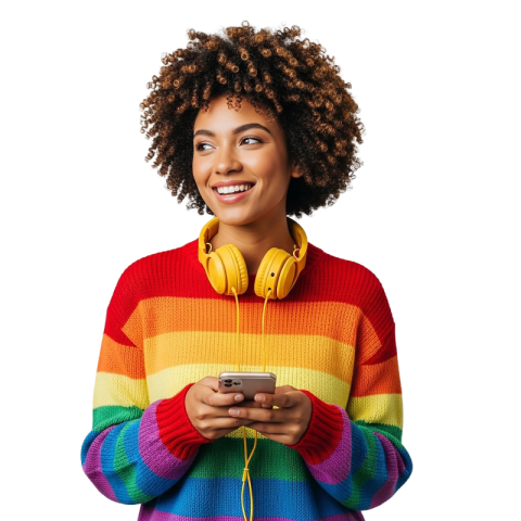 Joyful Woman in Rainbow Sweater with Headphones Using Smartphone