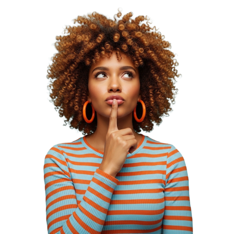 Thoughtful Woman with Curly Hair Making Decision Gesture