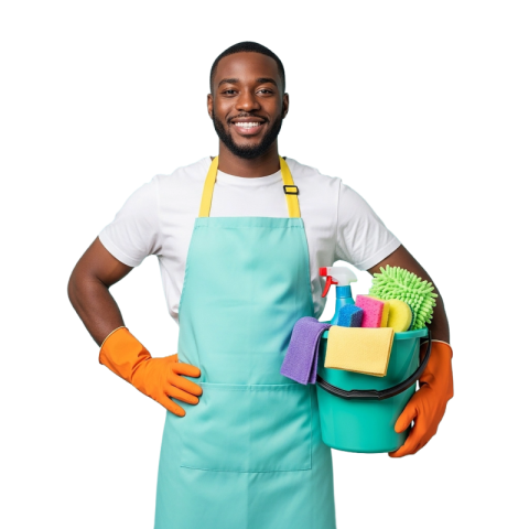 Professional Cleaner Holding Supplies in Uniform and Gloves
