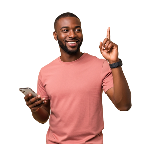 Happy Man Pointing Up Holding Smartphone PNG