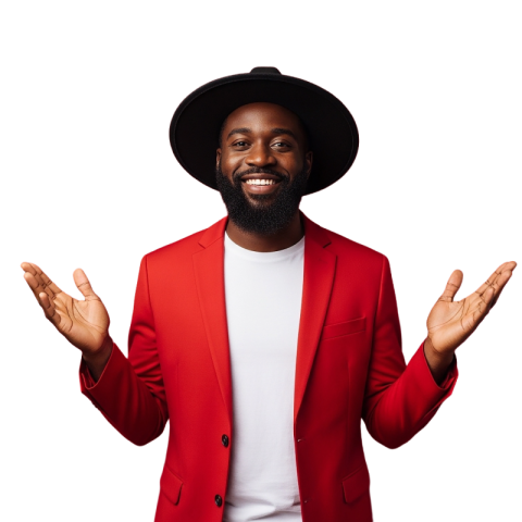 Stylish Man in Red Blazer with Hat Smiling