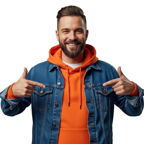 Casual Man in Denim Jacket Pointing at Hoodie