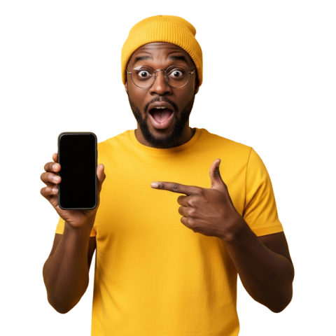 Surprised Man Holding Smartphone PNG