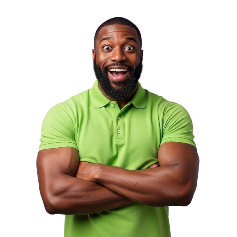 Excited Man with Crossed Arms in Green Shirt