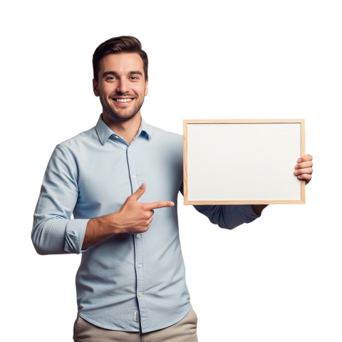 Smiling Man Pointing at Blank Sign Board PNG