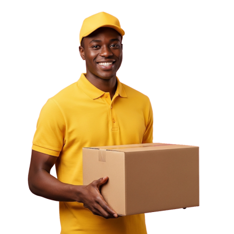 Friendly Delivery Worker Holding Package in Yellow Uniform