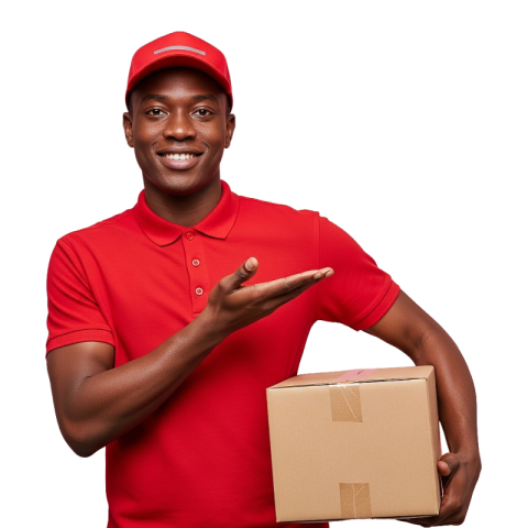 Delivery Man in Red Uniform Holding Parcel