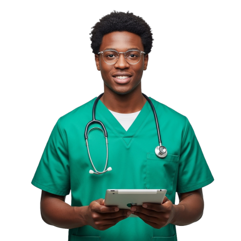 Smiling Male Doctor with Tablet in Green Scrubs PNG
