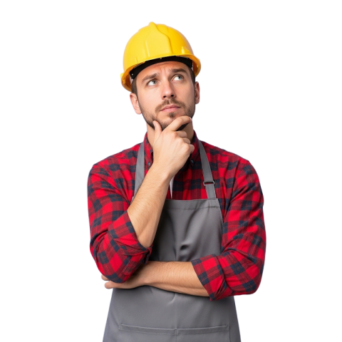 Thoughtful Construction Worker with Hard Hat PNG